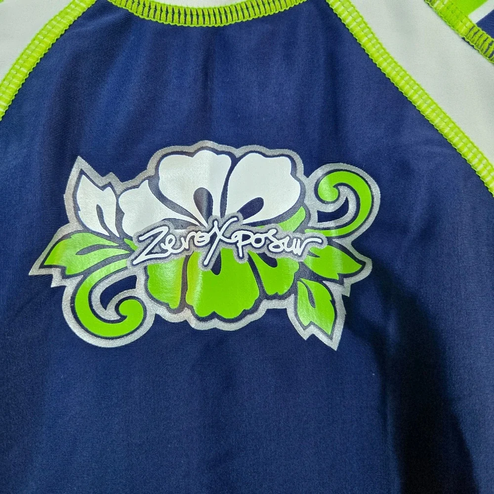 ZeroXposur Girls Navy Green Tropical Short Sleeve Y2K Beach Rash Guard 16 Floral